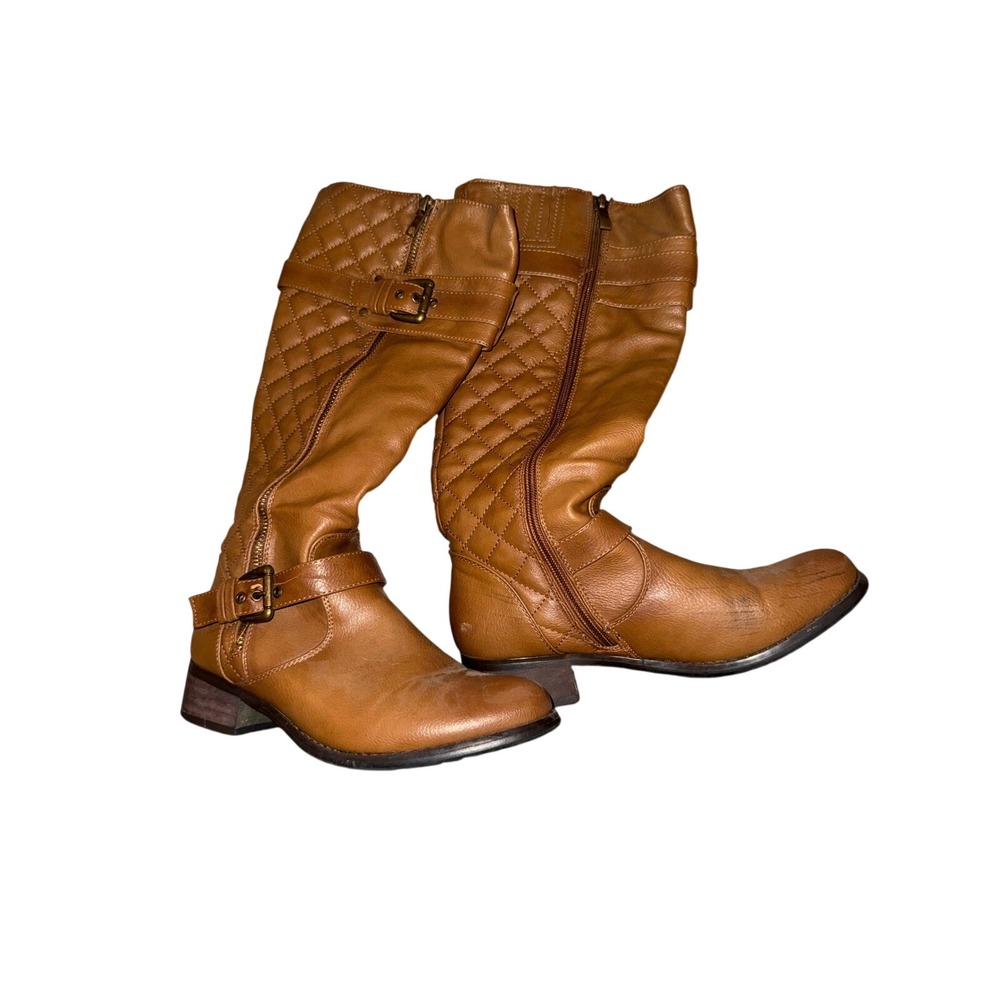Italina Womens Cognac Brown Quilted Tall Riding Boots Size 6 Buckle Strap BC5301